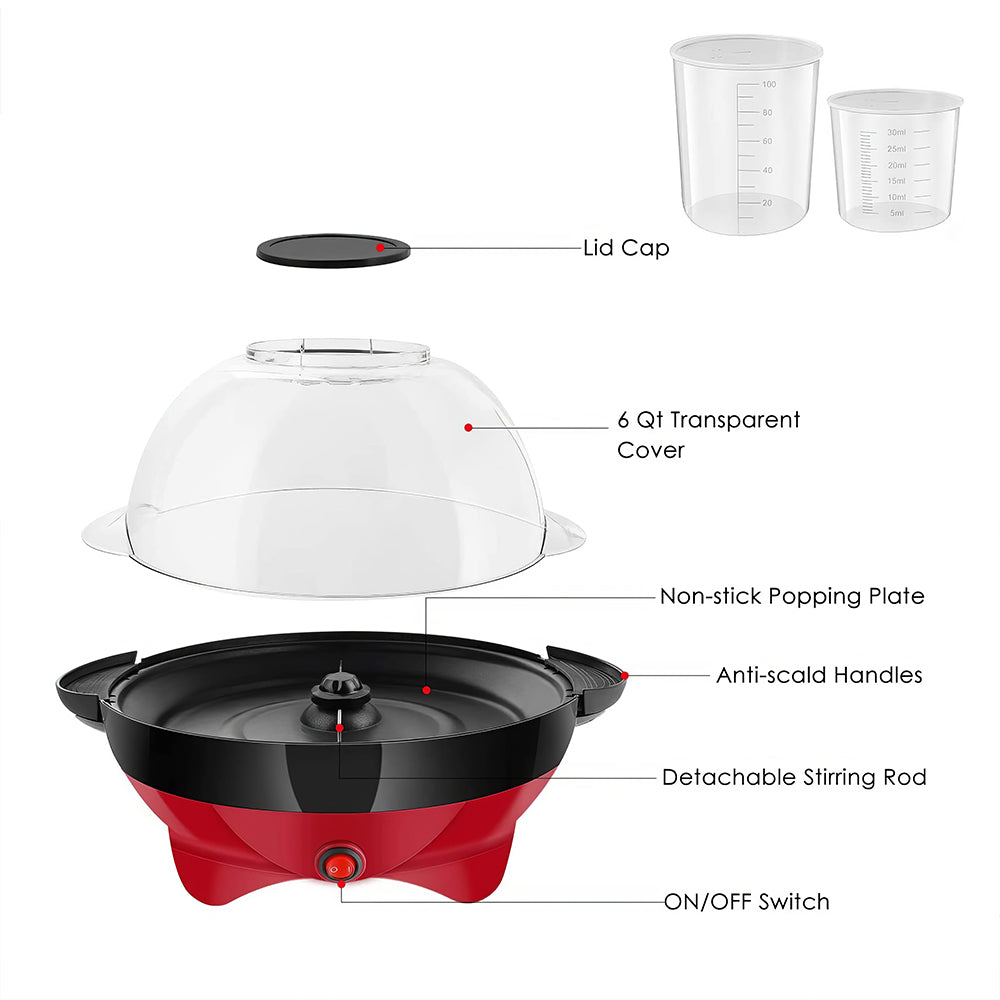 6 Quart Electric Popcorn Maker with Nonstick Plate and Lid Bowl