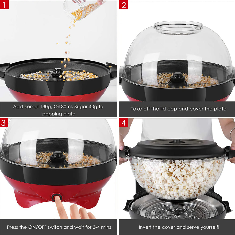 6 Quart Electric Popcorn Maker with Nonstick Plate and Lid Bowl
