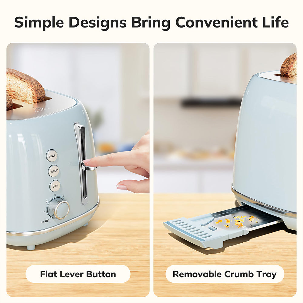 Retro 2 Slice Toaster with Wide Slots and Removable Crumb Tray
